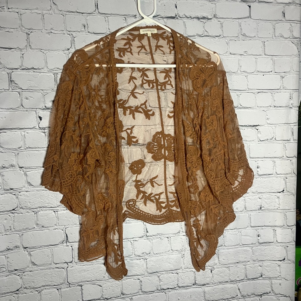 Ultra Flirt Tan Lace Cardigan